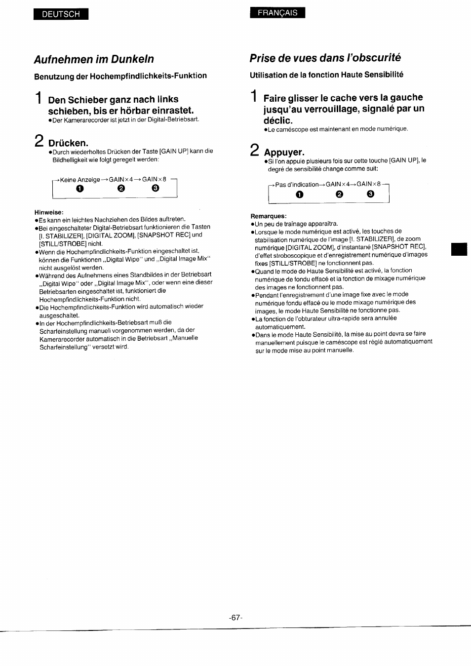 Aufnehmen im dunkeln, Benutzung der hochempfindlichkeits-funktion, Drücken | Hinweise, Prise de vues dans l’obscurité, Utilisation de la fonction haute sensibilité, Appuyer, O @ e | Panasonic NVS7EG User Manual | Page 67 / 118