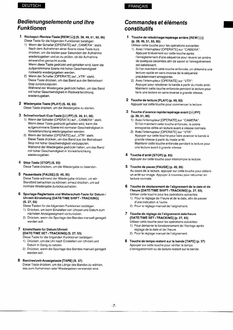 2 wiedergabe-taste [play] (s. 49, 93), 3 schnellvorlauf-/cue-taste [[el/ff] (s. 39,51,95), 4 stop-taste [stop] (s. 93) | 5 pausentaste [pause] (s. 49,95), 8 bandrestzeit-anzeigetaste [tape] (s. 37), 1 touche de rebobinage/repérage arrière [rew, 2 touche de lecture [play] (p. 49, 93), 3 touche d’avance rapide/repérage avant [(eeyff, 4 touche d’arrêt [stop] (p. 93), 5 touche de pause [pause] (p. 49,95) | Panasonic NVS7EG User Manual | Page 7 / 118
