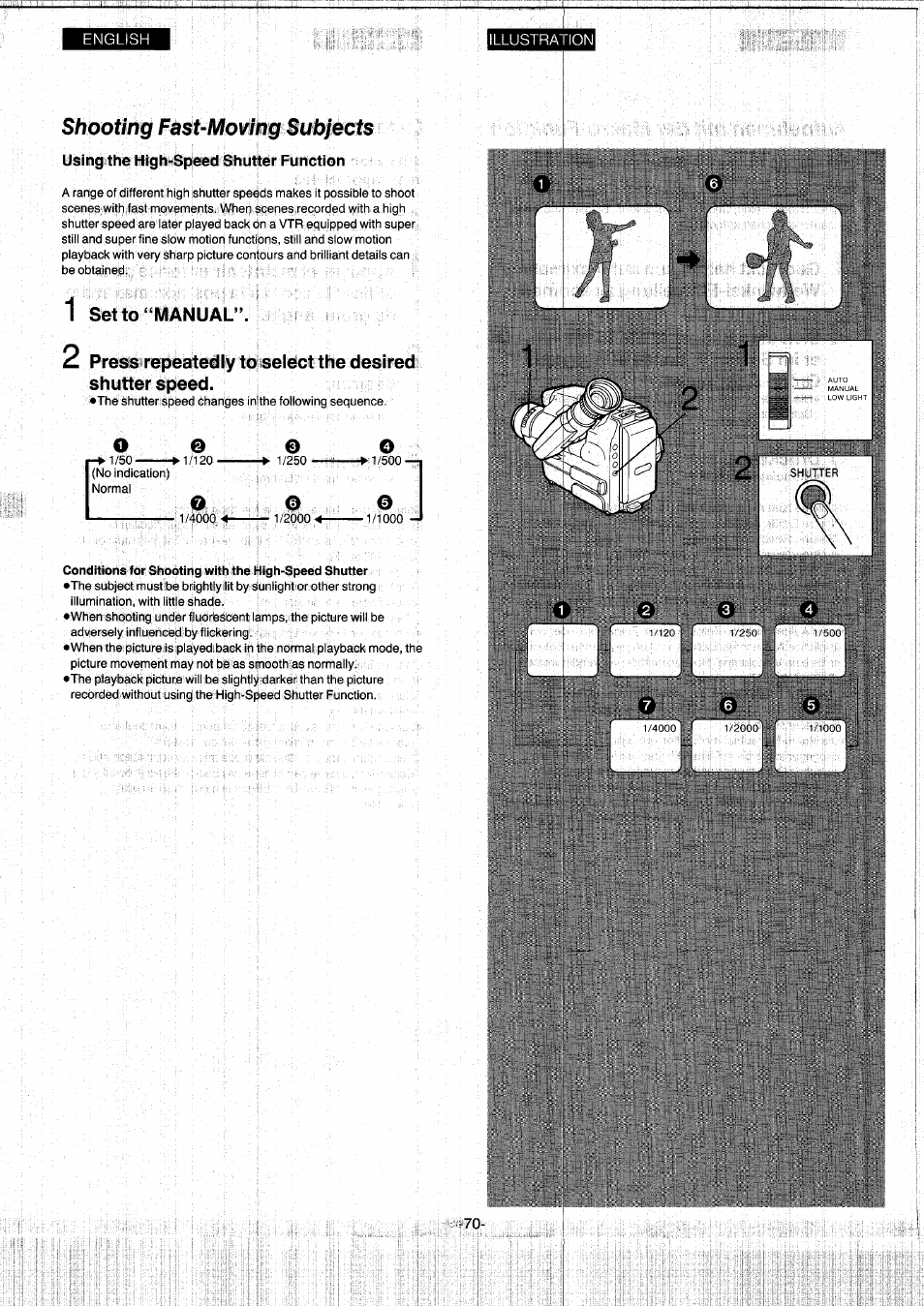 Shooting fast-moving subjects, Using the high-speed shutter function, 1 set to “manual | Panasonic NVS7EG User Manual | Page 70 / 118