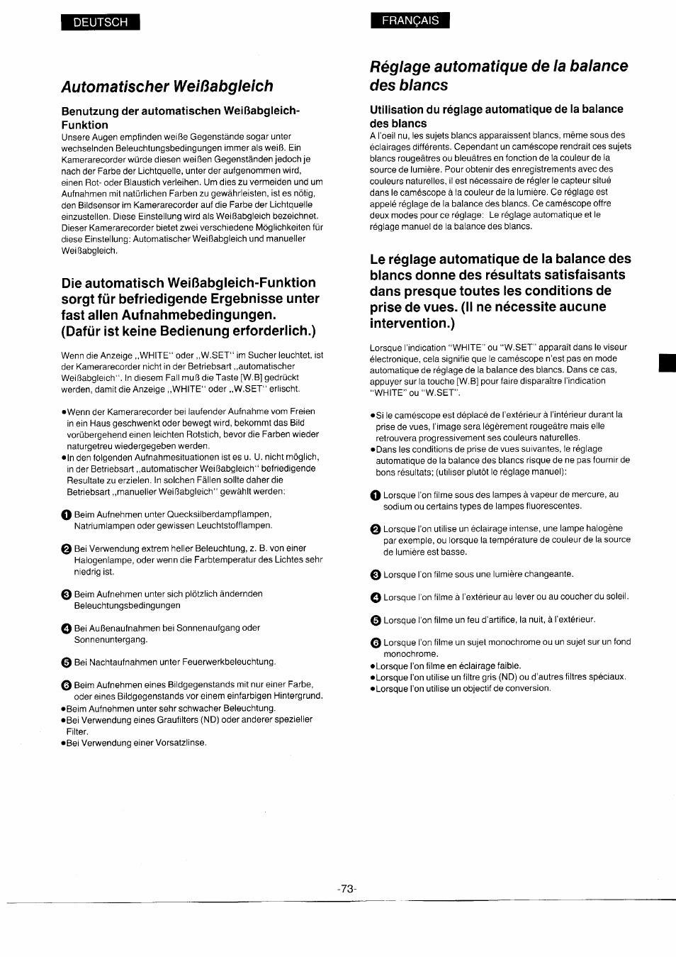 Automatischer weißabgleich, Benutzung der automatischen weißabgleich- funktion, Réglage automatique de la balance des blancs | Panasonic NVS7EG User Manual | Page 73 / 118