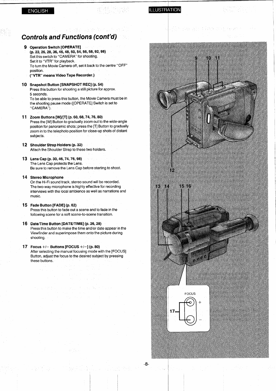 Controls and functions (convd), 9 operation switch [operate, 10 snapshot button [snapshot rec] (p. 54) | 11 zoom buttons [w]/[t] (p. 60,68,74,76,80), 12 shoulder strap holders (p. 32), 13 lens cap (p. 30,46,74,76,98), 14 stereo microphone, 15 fade button [fade] (p. 62), 16 date/time button [date/time] (p. 26,28), 17 focus +1- buttons [focus -t-/—] (p. 80) | Panasonic NVS7EG User Manual | Page 8 / 118