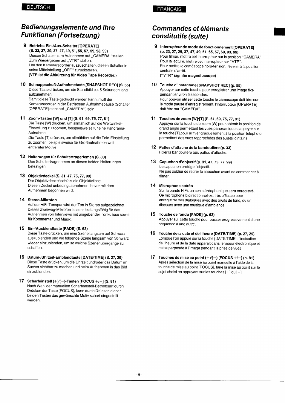 9 betriebs-ein-/aus-schalter [operate, 11 zoom-tasten [w] und [t] (s. 61,69,75,77, 81), 12 halterungen für schultertrageriemen (s. 33) | 13 objektivdeckel (s. 31,47,75, 77, 99), 14 stereo-mikrofon, 15 ein-/ausblendtaste [fade] (s. 63), 9 interrupteur de mode de fonctionnement [operate, 10 touche d'instantané [snapshot rec] (p. 55), 11 touches de zoom [w]/[t] (p. 61,69,75,77,81 ), 12 pattes d’attache de la bandoulière (p. 33) | Panasonic NVS7EG User Manual | Page 9 / 118