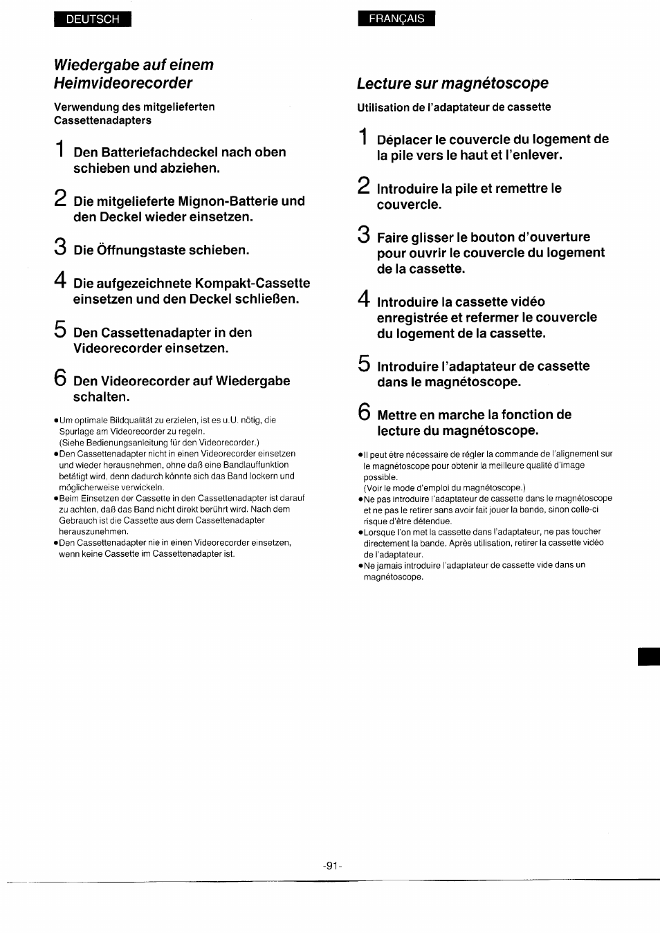 Wiedergabe auf einem heimvideorecorder, Verwendung des mitgelieferten cassettenadapters, Lecture sur magnétoscope | Utilisation de l’adaptateur de cassette | Panasonic NVS7EG User Manual | Page 91 / 118