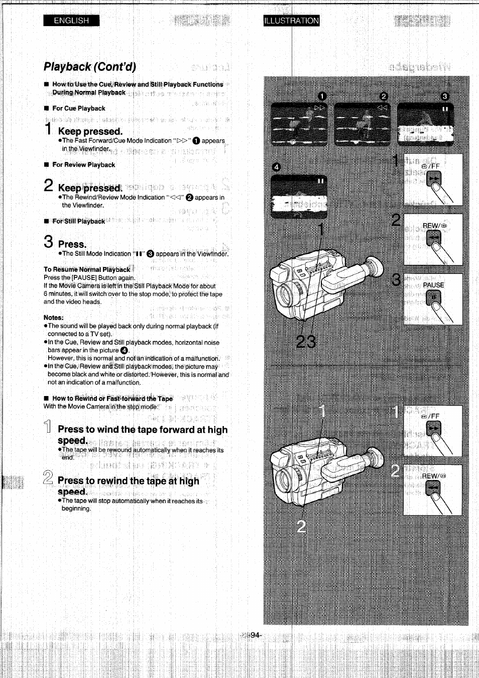 Playback (confd), For cue playback, 1 keep pressed | For review playback, 2 keep pressed, For stilt playback, 3 press, To resume normal playback, Notes, How to rewind or fast-forward the tape | Panasonic NVS7EG User Manual | Page 94 / 118