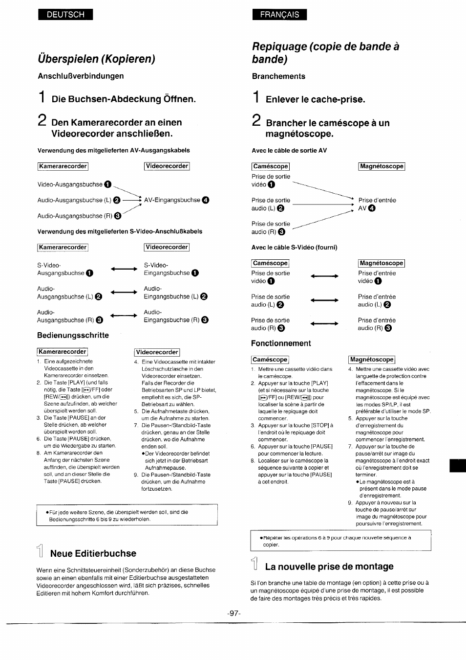 Überspielen (kopieren), Anschlußverbindungen, 1 die buchsen-abdeckung öffnen | Verwendung des mitgelieferten av-ausgangskabels, Kamerarecorder, I kamerarecorder i, Bedienungsschritte, I videorecorder, Videorecorder, Neue editierbuchse | Panasonic NVS7EG User Manual | Page 97 / 118