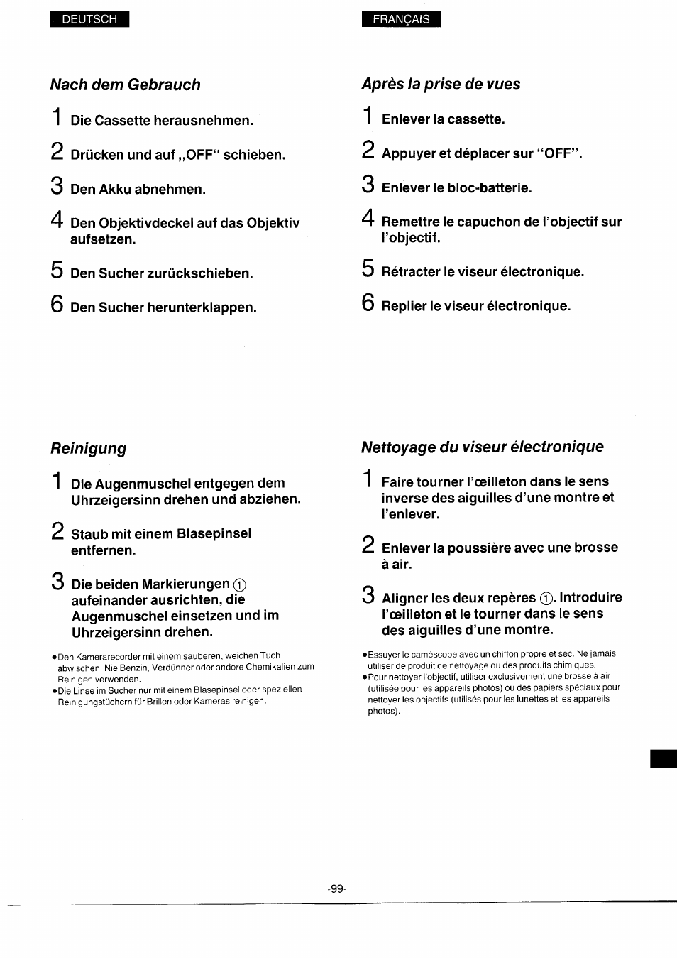 Nach dem gebrauch, Après la prise de vues, Reinigung | Nettoyage du viseur électronique, Nach dem gebrauch reinigung | Panasonic NVS7EG User Manual | Page 99 / 118