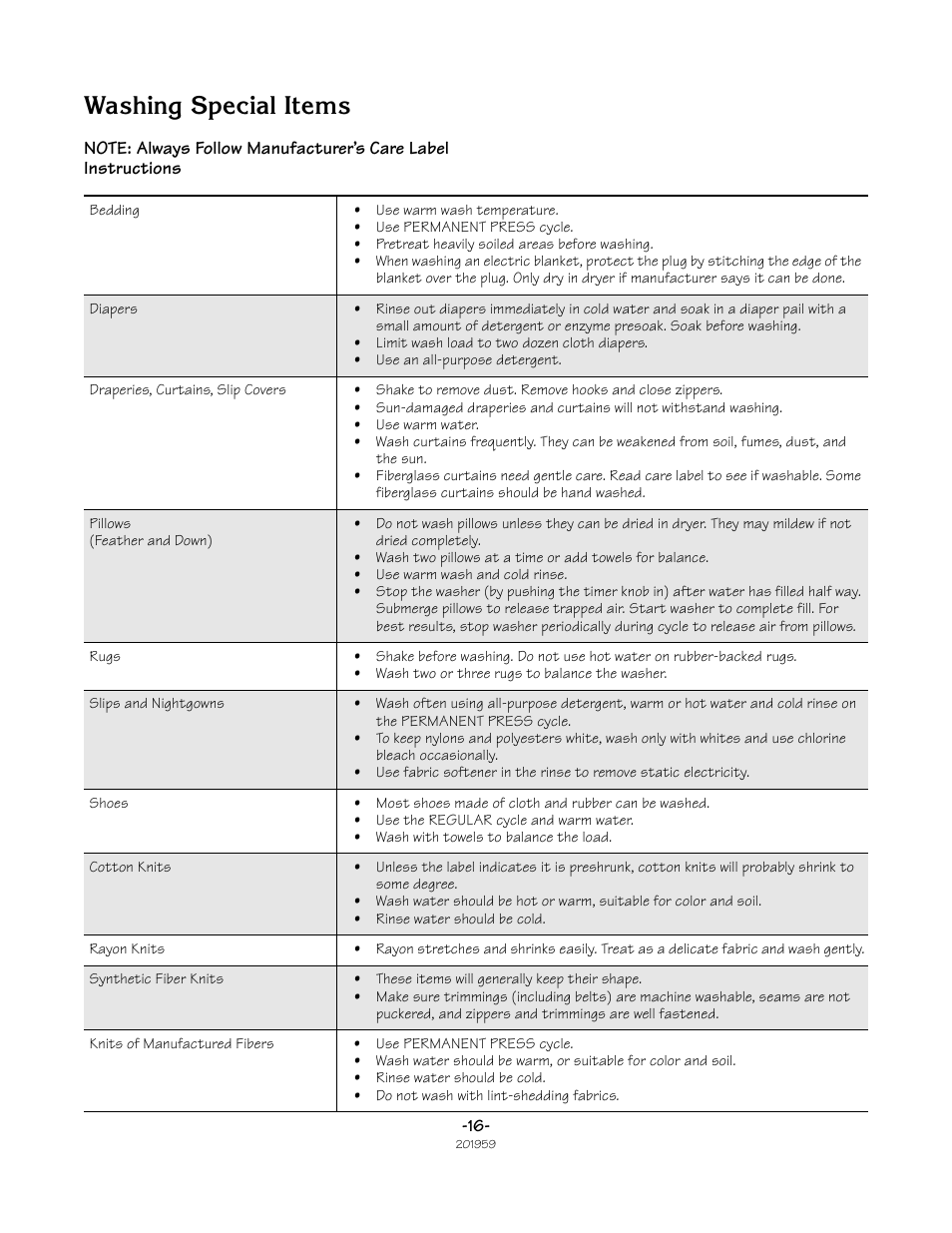 Washing special items | Alliance Laundry Systems LWS05N User Manual | Page 16 / 28