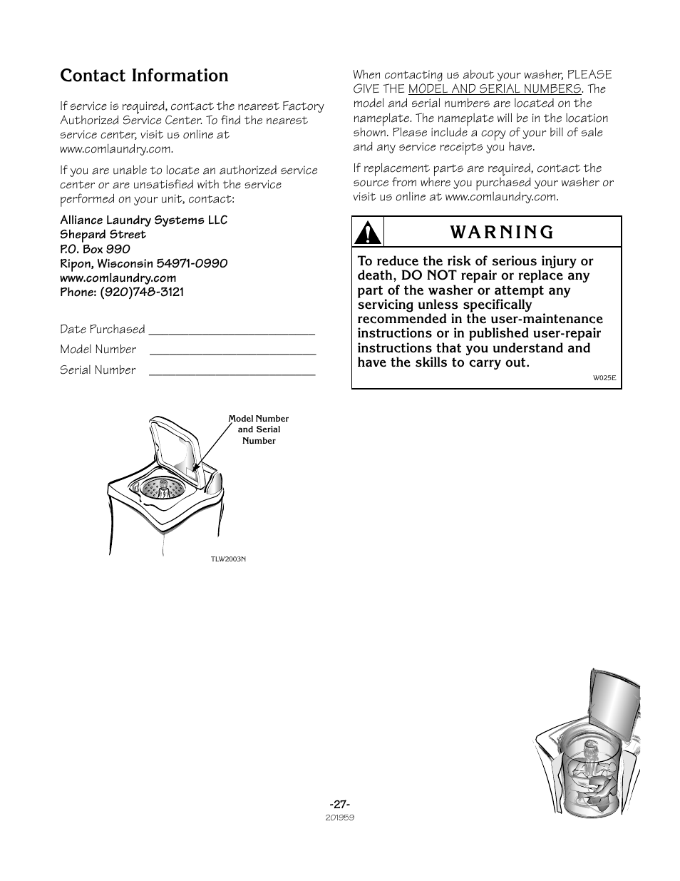 Contact information | Alliance Laundry Systems LWS05N User Manual | Page 27 / 28