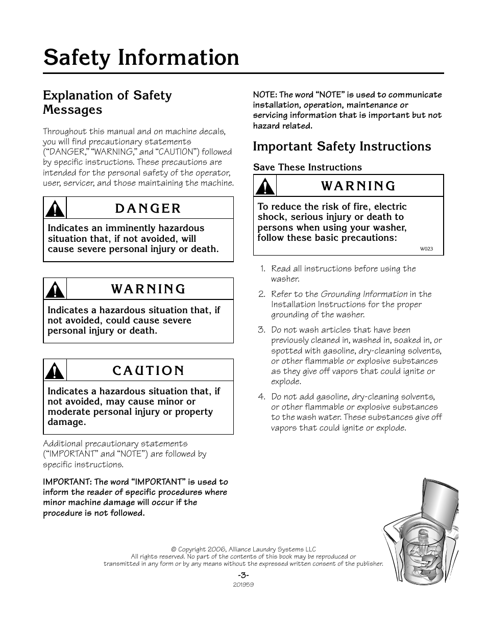 Safety information, Explanation of safety messages, Important safety instructions | Alliance Laundry Systems LWS05N User Manual | Page 3 / 28