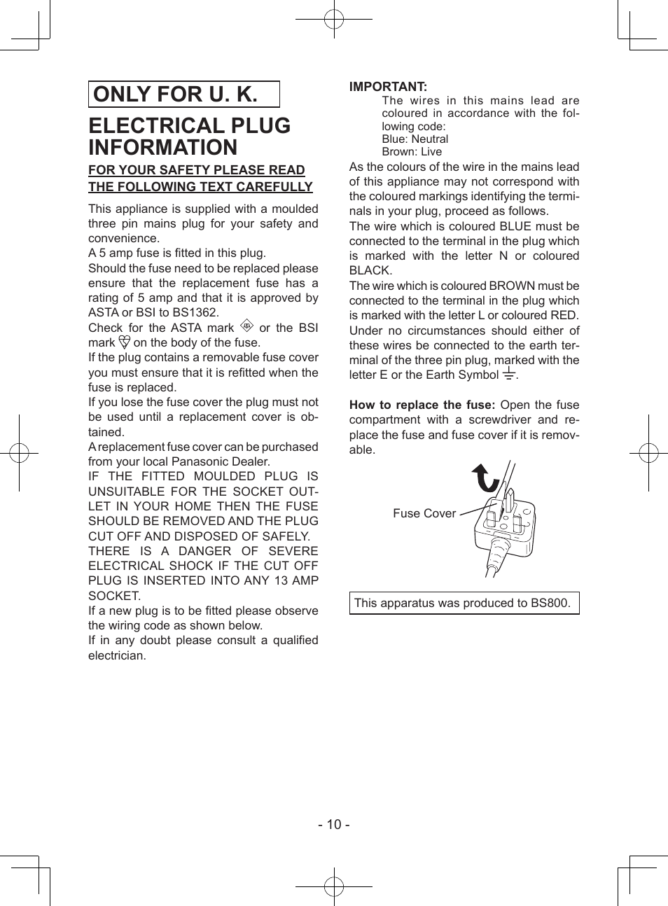 Only for u. k. electrical plug information | Panasonic EY37A1 User Manual | Page 10 / 64