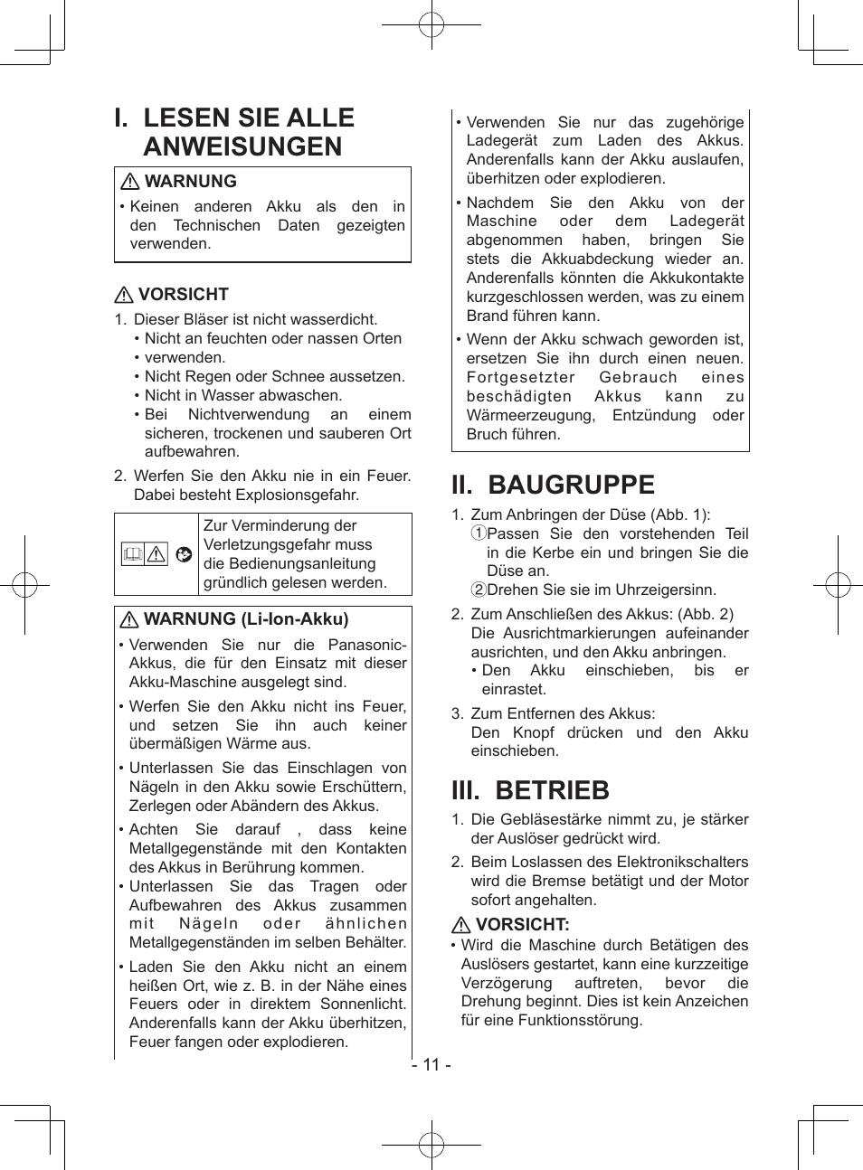 I. lesen sie alle anweisungen, Ii. baugruppe, Iii. betrieb | Warnung, Vorsicht, Warnung (li-ion-akku) | Panasonic EY37A1 User Manual | Page 11 / 64