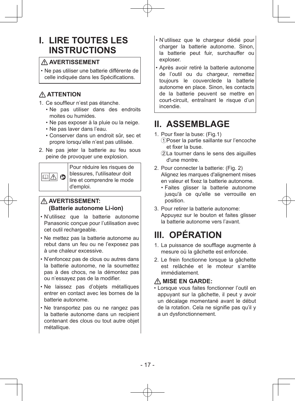 I. lire toutes les instructions, Ii. assemblage, Iii. opération | Avertissement, Attention, Avertissement: (batterie autonome li-ion), Mise en garde | Panasonic EY37A1 User Manual | Page 17 / 64