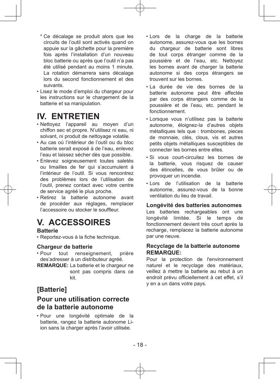 Iv. entretien, V. accessoires, Batterie | Chargeur de batterie, Longévité des batteries autonomes, Recyclage de la batterie autonome remarque | Panasonic EY37A1 User Manual | Page 18 / 64