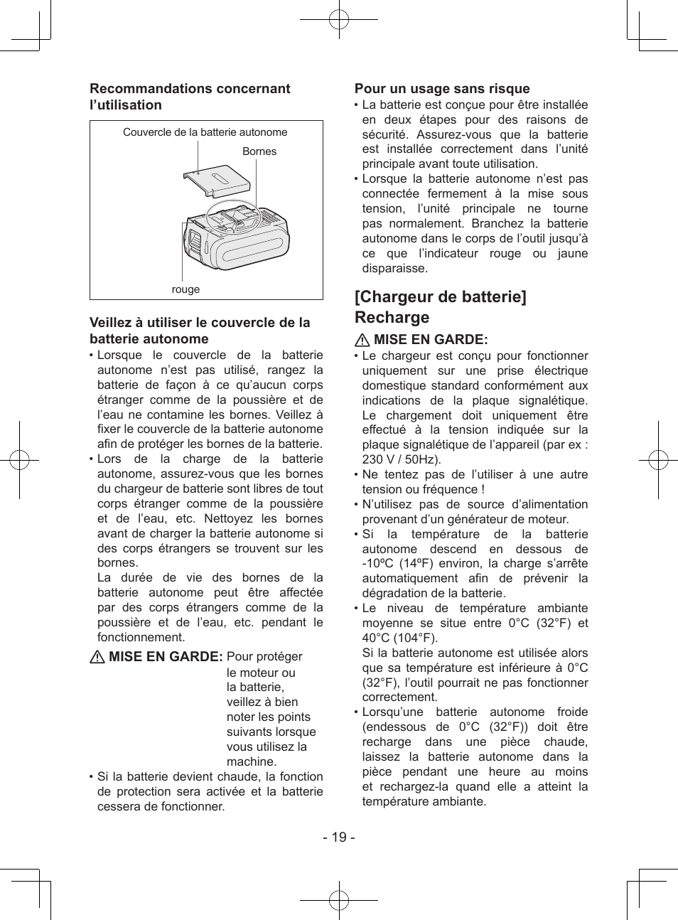 Chargeur de batterie] recharge, 19 - recommandations concernant l’utilisation, Mise en garde | Pour un usage sans risque | Panasonic EY37A1 User Manual | Page 19 / 64