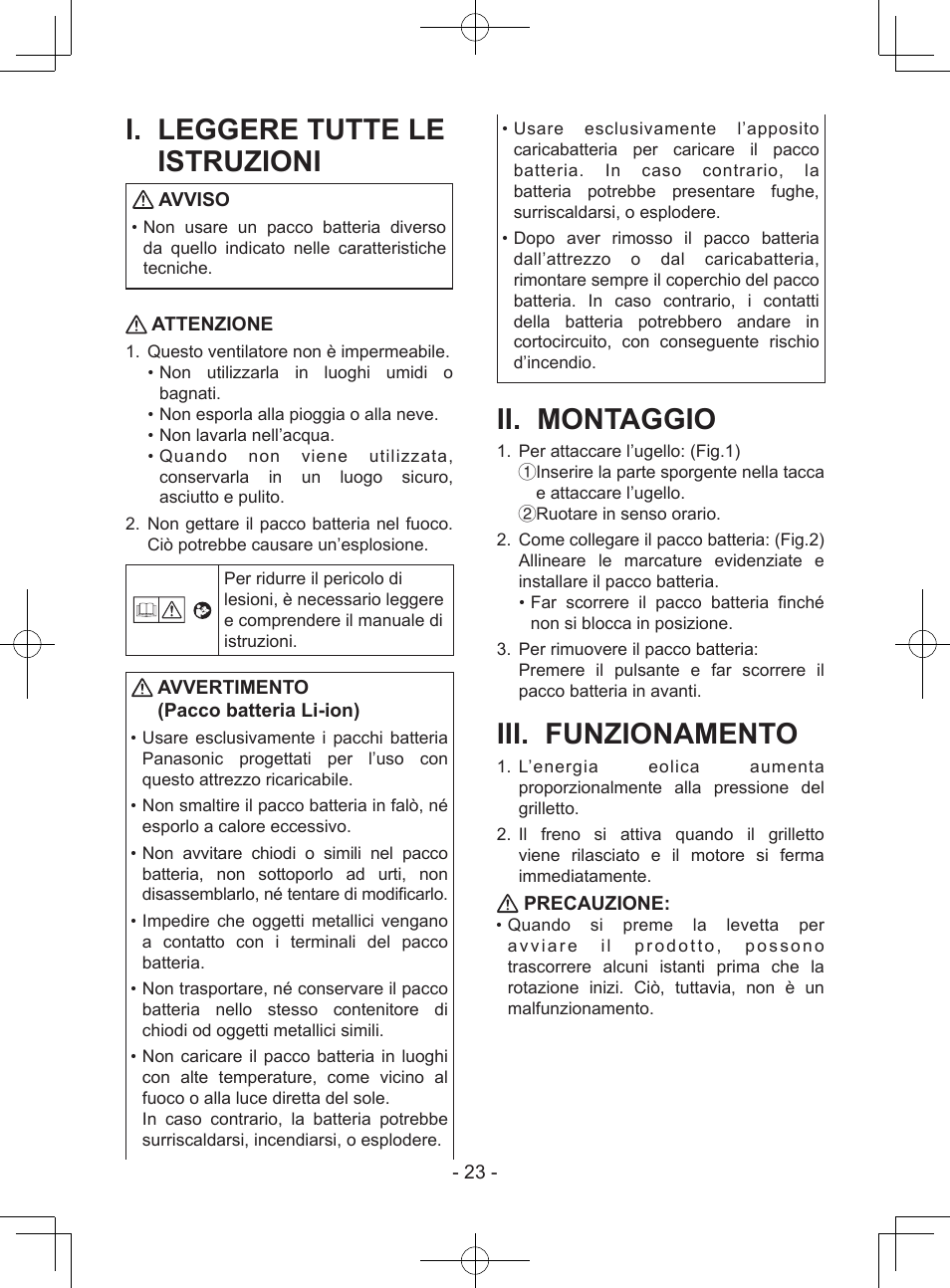 I. leggere tutte le istruzioni, Ii. montaggio, Iii. funzionamento | Avviso, Attenzione, Avvertimento (pacco batteria li-ion), Precauzione | Panasonic EY37A1 User Manual | Page 23 / 64