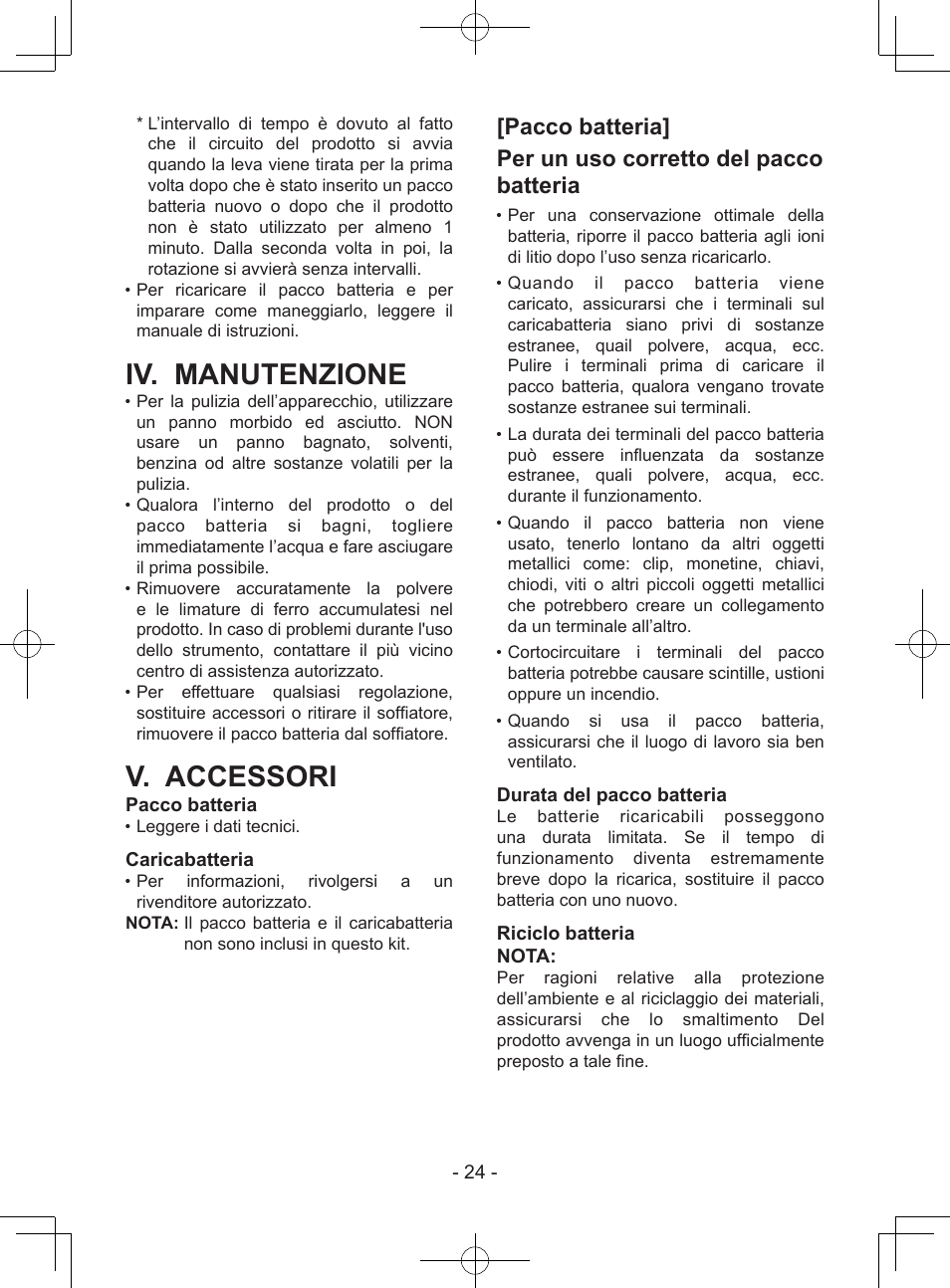 Iv. manutenzione, V. accessori, Pacco batteria | Caricabatteria, Durata del pacco batteria, Riciclo batteria nota | Panasonic EY37A1 User Manual | Page 24 / 64