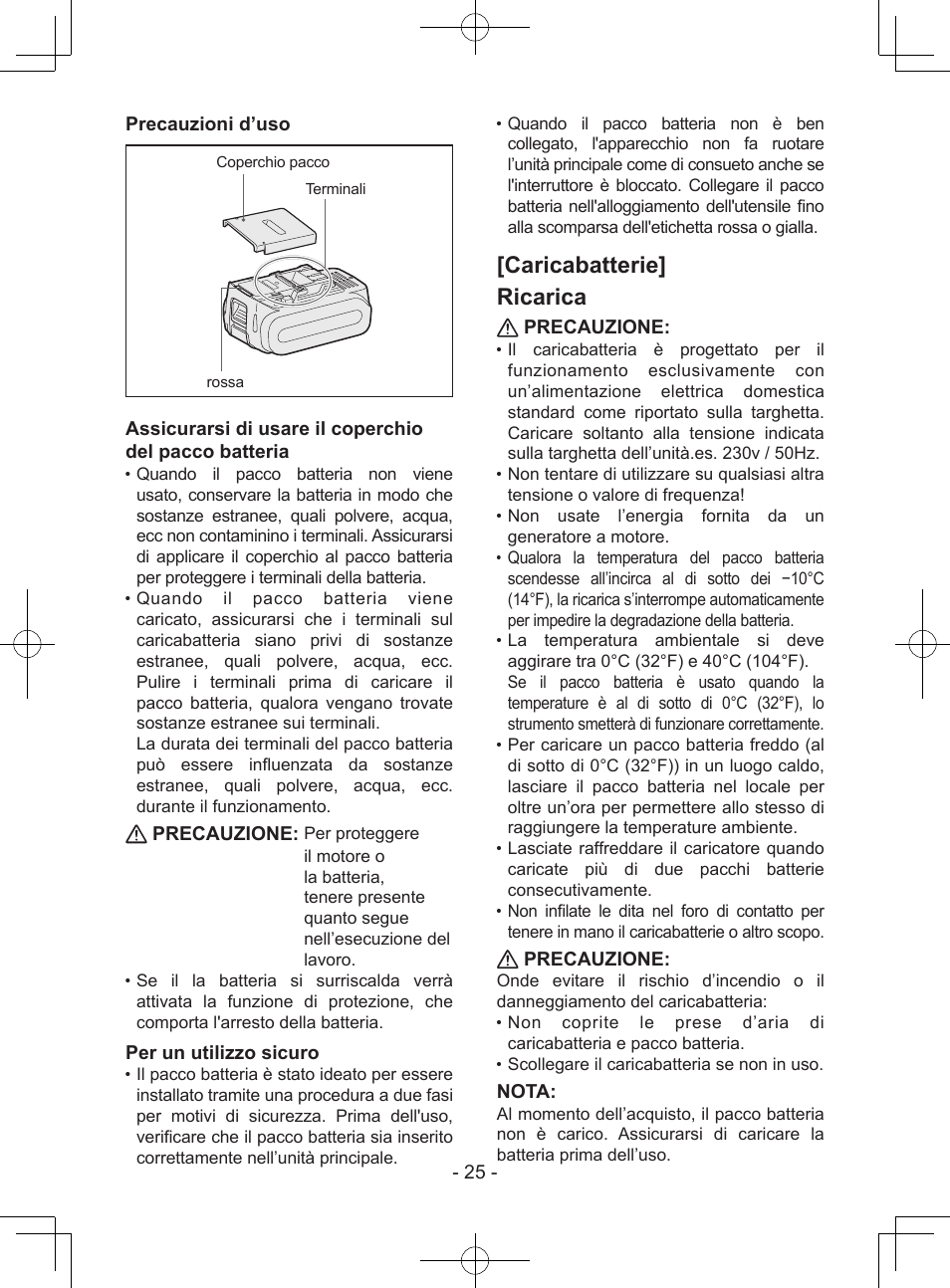 Caricabatterie] ricarica, 25 - precauzioni d’uso, Precauzione | Per un utilizzo sicuro, Nota | Panasonic EY37A1 User Manual | Page 25 / 64