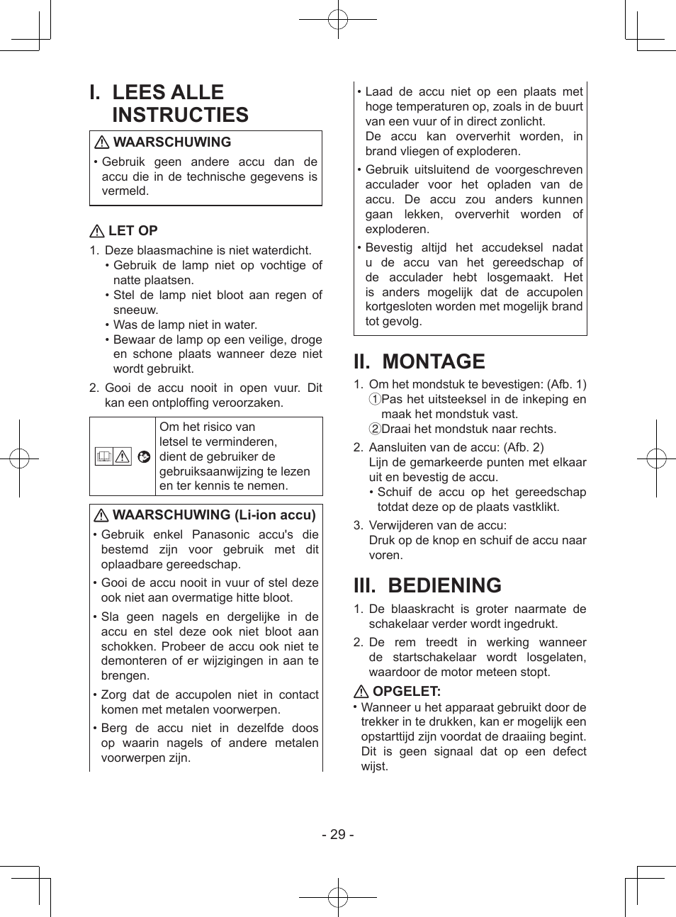 I. lees alle instructies, Ii. montage, Iii. bediening | Waarschuwing, Let op, Waarschuwing (li-ion accu), Opgelet | Panasonic EY37A1 User Manual | Page 29 / 64