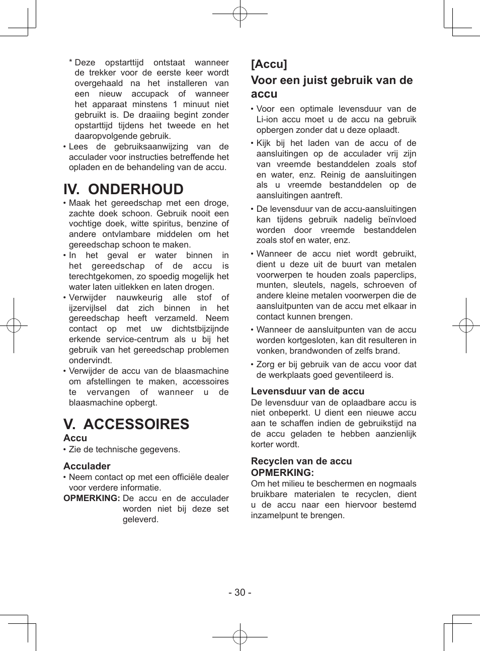 Iv. onderhoud, V. accessoires, Accu] voor een juist gebruik van de accu | Accu, Acculader, Levensduur van de accu, Recyclen van de accu opmerking | Panasonic EY37A1 User Manual | Page 30 / 64