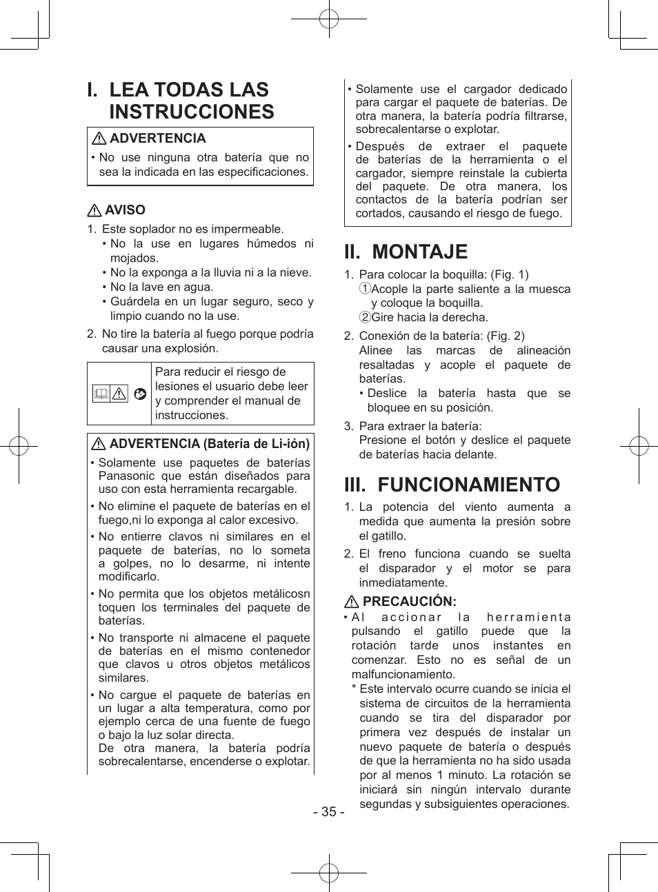 I. lea todas las instrucciones, Ii. montaje, Iii. funcionamiento | Advertencia, Aviso, Advertencia (batería de li-ión), Precaución | Panasonic EY37A1 User Manual | Page 35 / 64