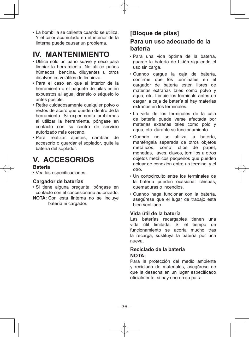 Iv. mantenimiento, V. accesorios, Batería | Cargador de baterías, Vida útil de la batería, Reciclado de la batería nota | Panasonic EY37A1 User Manual | Page 36 / 64