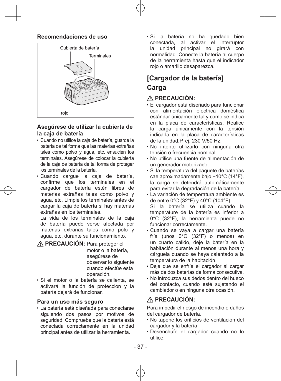 Cargador de la batería] carga, 37 - recomendaciones de uso, Precaución | Para un uso más seguro | Panasonic EY37A1 User Manual | Page 37 / 64