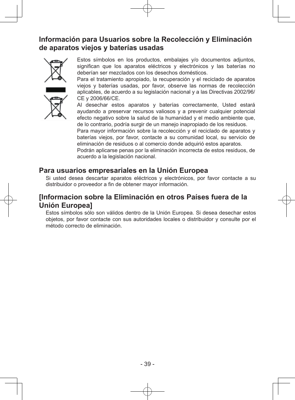 Para usuarios empresariales en la unión europea | Panasonic EY37A1 User Manual | Page 39 / 64