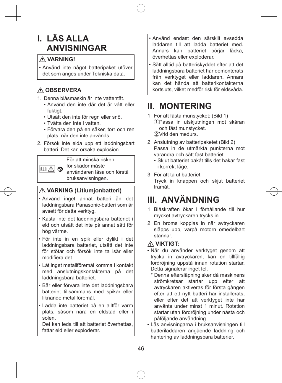 I. läs alla anvisningar, Ii. montering, Iii. användning | Varning, Observera, Varning (litiumjonbatteri), Viktigt | Panasonic EY37A1 User Manual | Page 46 / 64