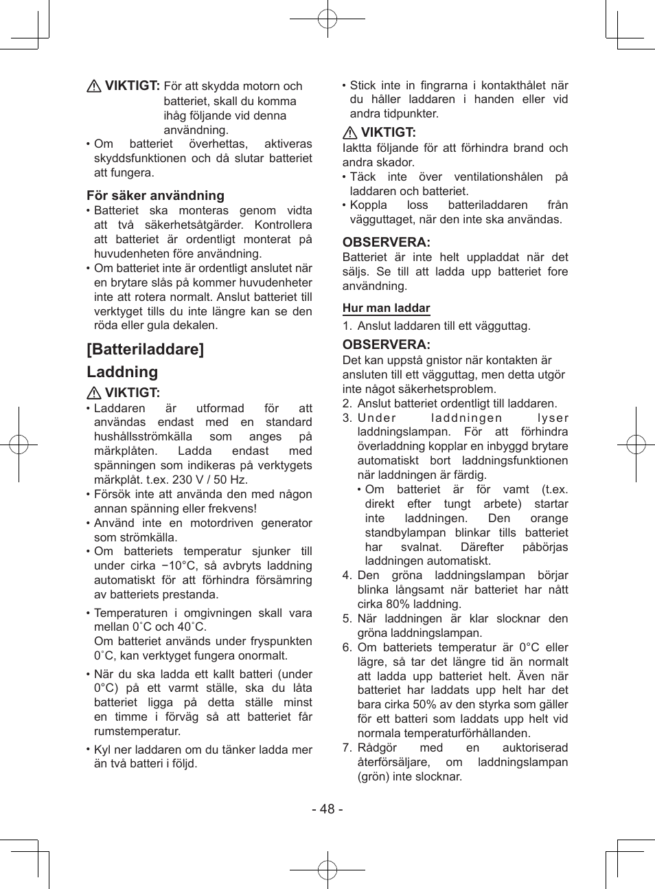 Batteriladdare] laddning, 48 - viktigt, För säker användning | Viktigt, Observera | Panasonic EY37A1 User Manual | Page 48 / 64