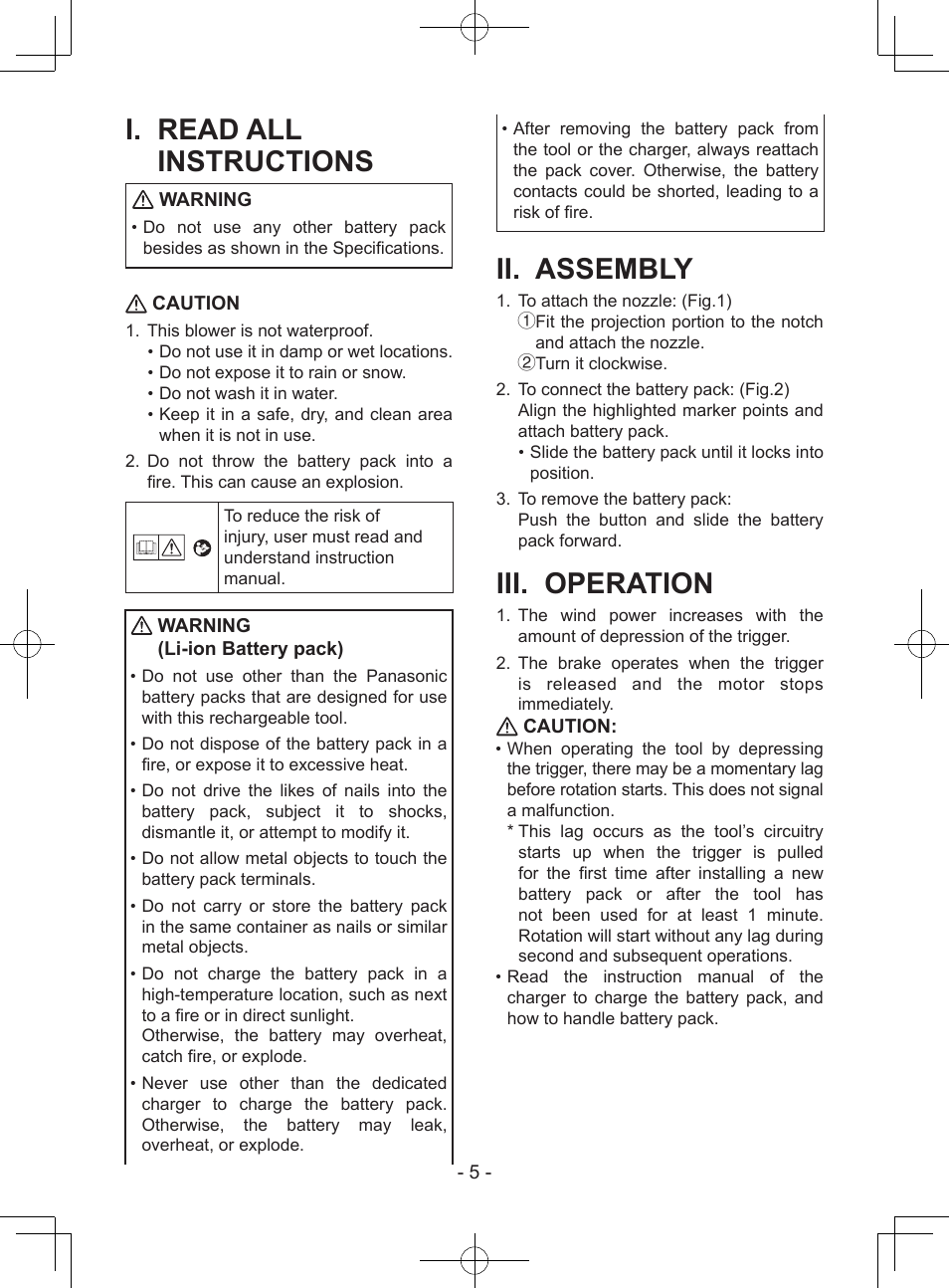 I. read all instructions, Ii. assembly, Iii. operation | Warning, Caution, Warning (li-ion battery pack) | Panasonic EY37A1 User Manual | Page 5 / 64