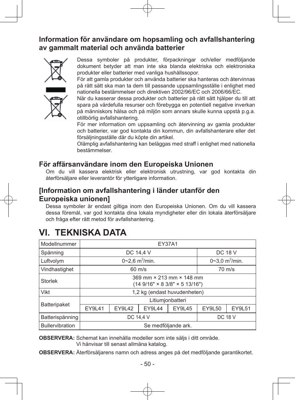 Vi. tekniska data, För affärsanvändare inom den europeiska unionen | Panasonic EY37A1 User Manual | Page 50 / 64