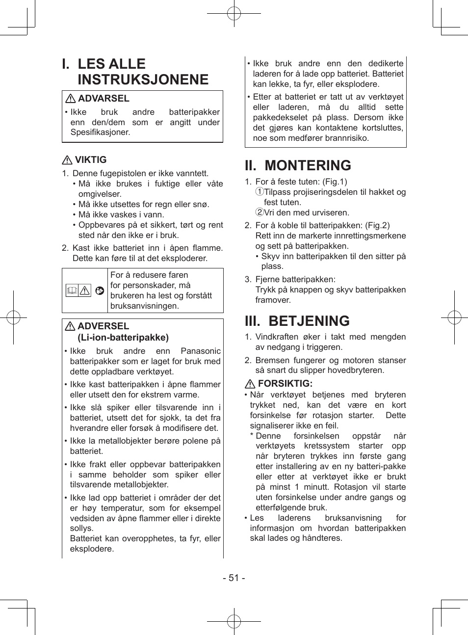 I. les alle instruksjonene, Ii. montering, Iii. betjening | Advarsel, Viktig, Adversel (li-ion-batteripakke), Forsiktig | Panasonic EY37A1 User Manual | Page 51 / 64
