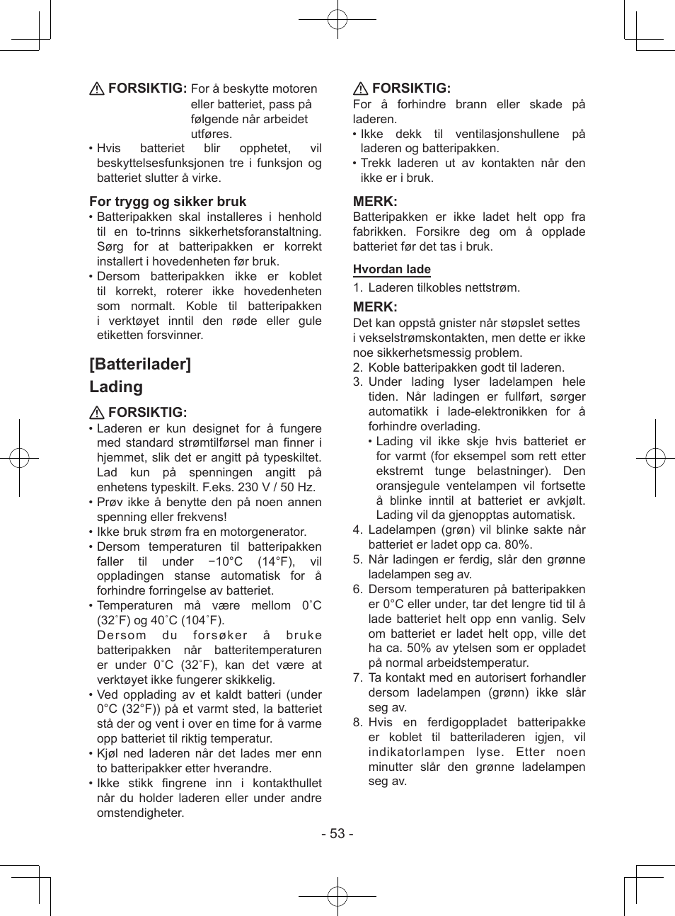 Batterilader] lading, 53 - forsiktig, For trygg og sikker bruk | Forsiktig, Merk | Panasonic EY37A1 User Manual | Page 53 / 64