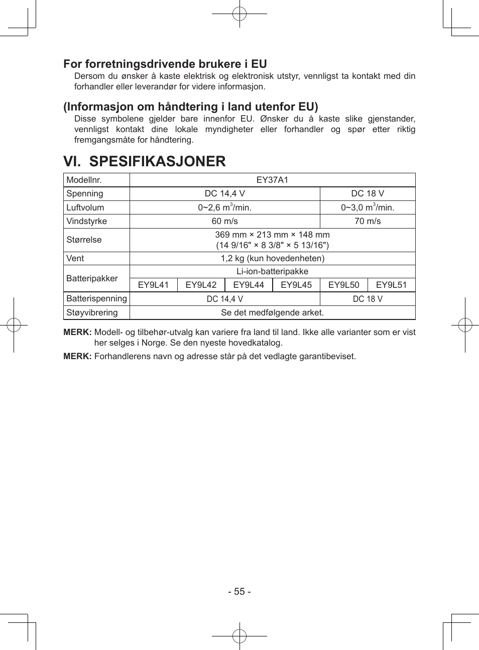 Vi. spesifikasjoner, For forretningsdrivende brukere i eu, Informasjon om håndtering i land utenfor eu) | Panasonic EY37A1 User Manual | Page 55 / 64