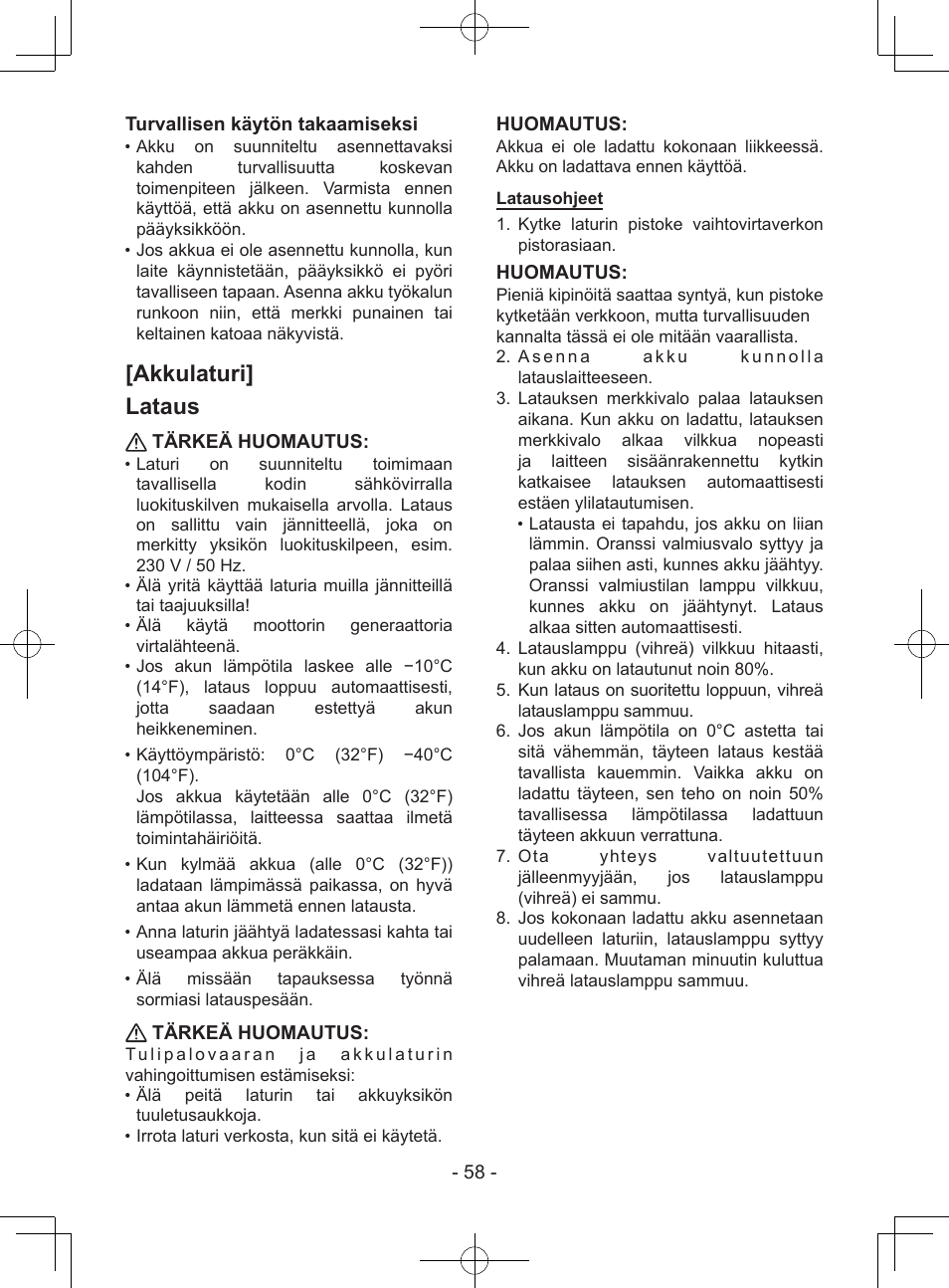 Akkulaturi] lataus, 58 - turvallisen käytön takaamiseksi, Tärkeä huomautus | Huomautus | Panasonic EY37A1 User Manual | Page 58 / 64