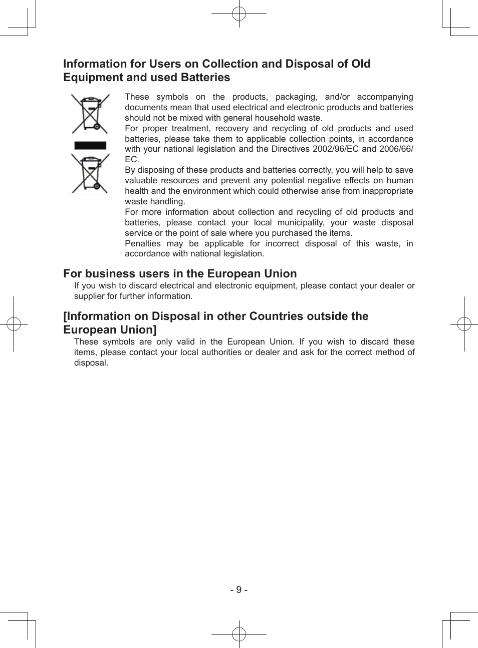 For business users in the european union | Panasonic EY37A1 User Manual | Page 9 / 64