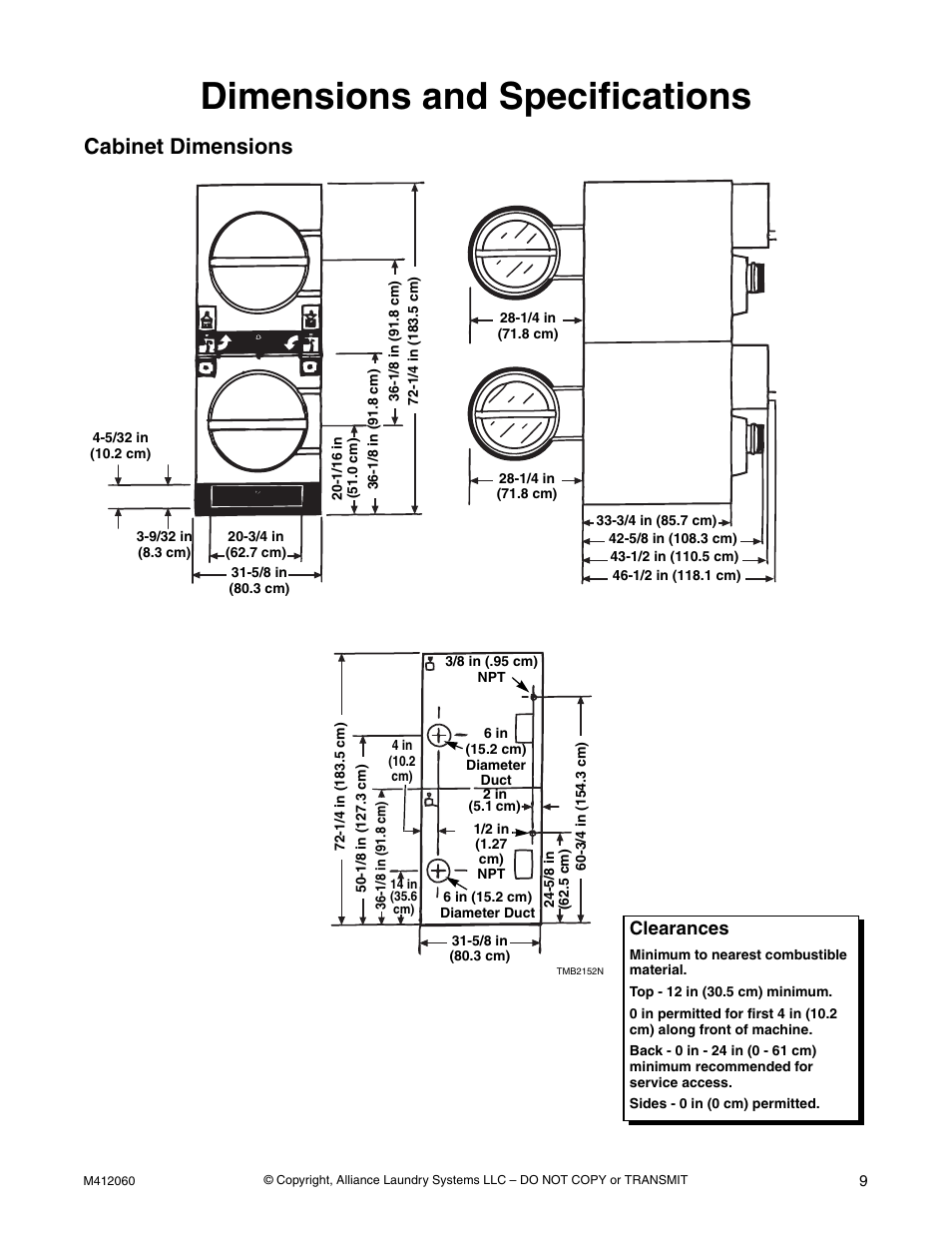 Dimensions and specifications, Cabinet dimensions, Clearances | Alliance Laundry Systems Stacked Drying Tumbler User Manual | Page 11 / 38