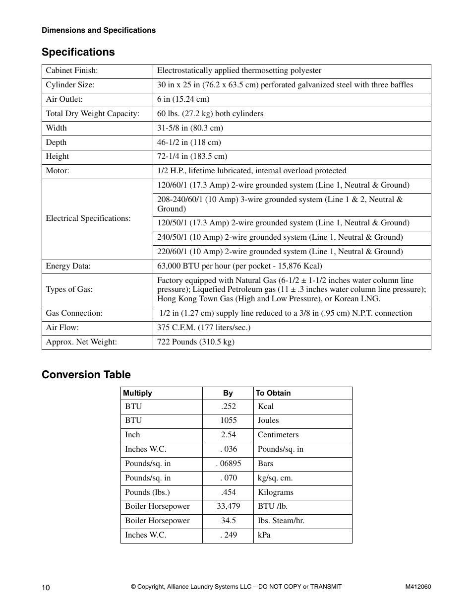 Specifications, Conversion table, Specifications conversion table | Alliance Laundry Systems Stacked Drying Tumbler User Manual | Page 12 / 38