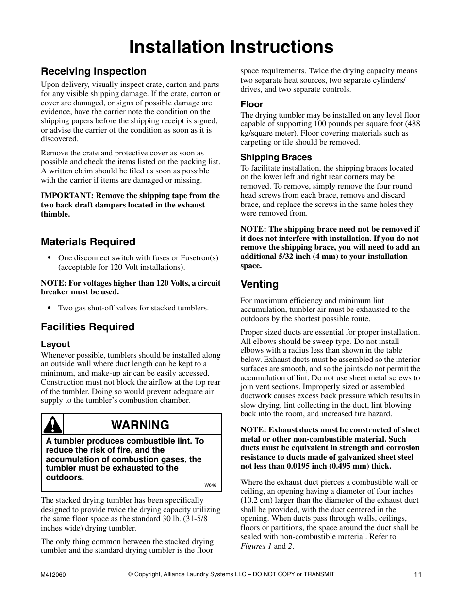 Installation instructions, Receiving inspection, Materials required | Facilities required, Layout, Floor, Shipping braces, Venting, Layout floor shipping braces, Warning | Alliance Laundry Systems Stacked Drying Tumbler User Manual | Page 13 / 38