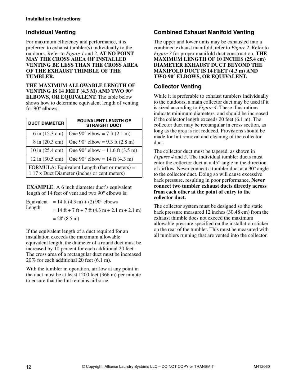 Individual venting, Combined exhaust manifold venting, Collector venting | Alliance Laundry Systems Stacked Drying Tumbler User Manual | Page 14 / 38
