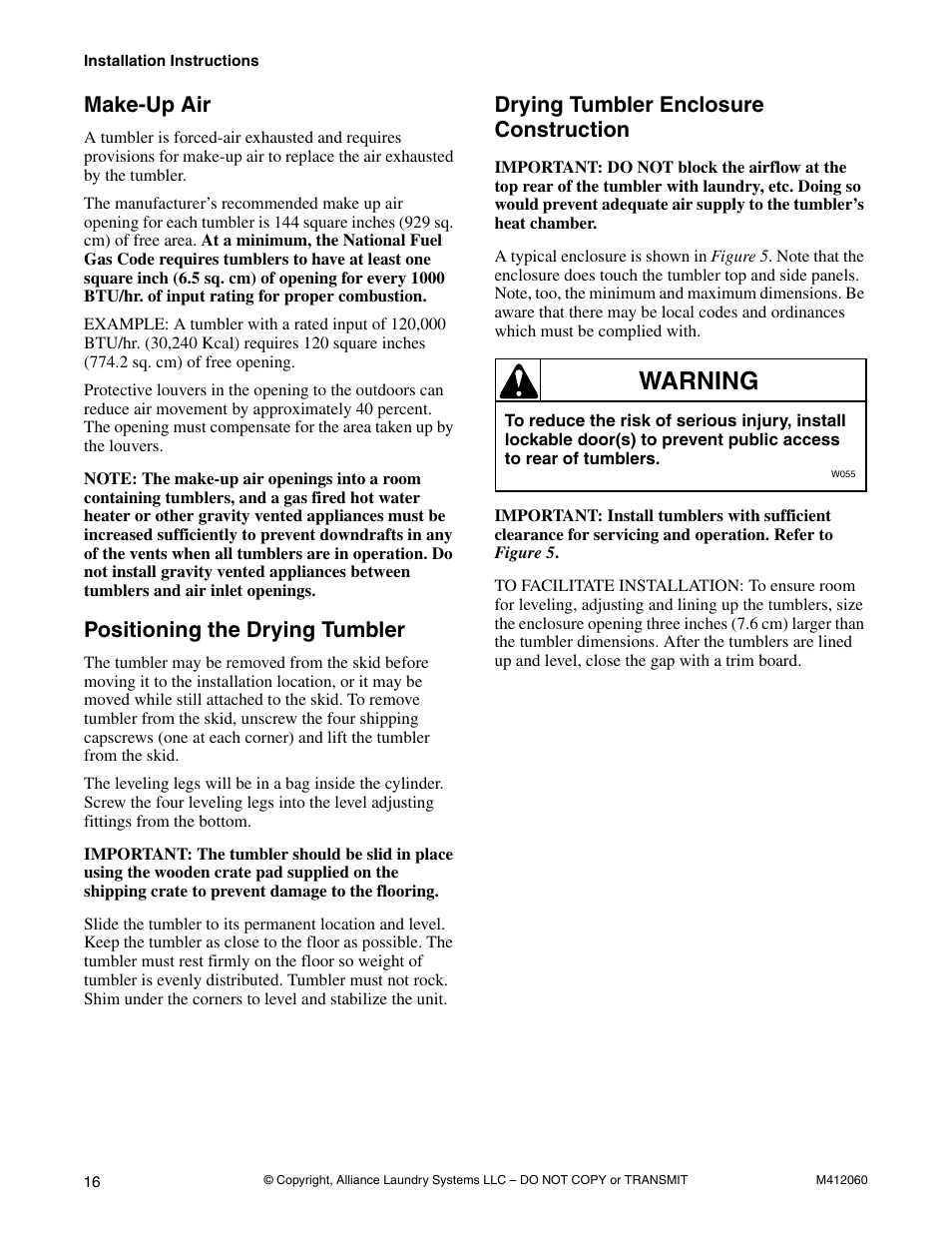 Make-up air, Positioning the drying tumbler, Drying tumbler enclosure construction | Warning | Alliance Laundry Systems Stacked Drying Tumbler User Manual | Page 18 / 38