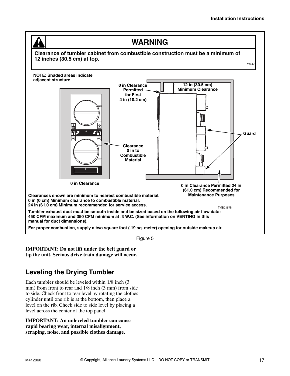 Leveling the drying tumbler, And 5, Warning | Alliance Laundry Systems Stacked Drying Tumbler User Manual | Page 19 / 38