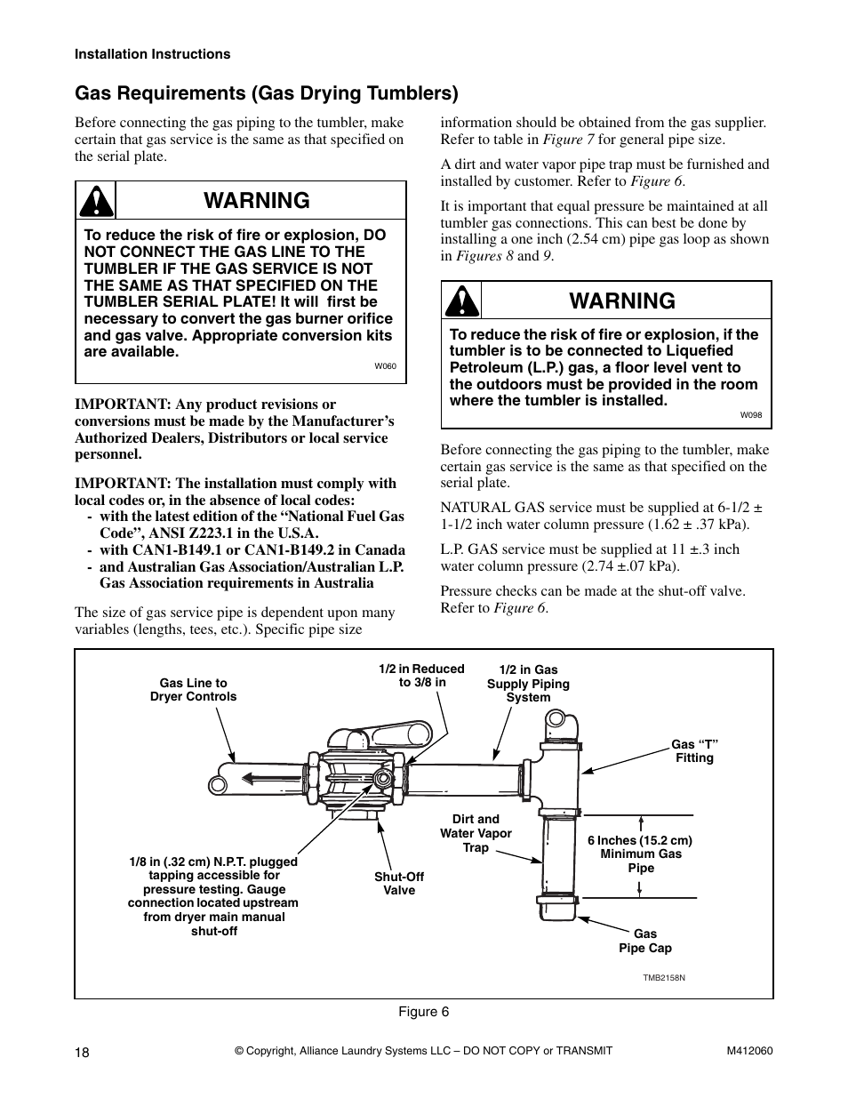 Gas requirements (gas drying tumblers), Warning | Alliance Laundry Systems Stacked Drying Tumbler User Manual | Page 20 / 38