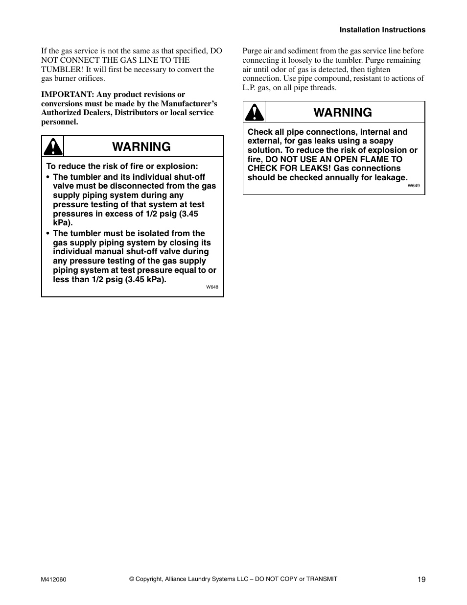 Warning | Alliance Laundry Systems Stacked Drying Tumbler User Manual | Page 21 / 38