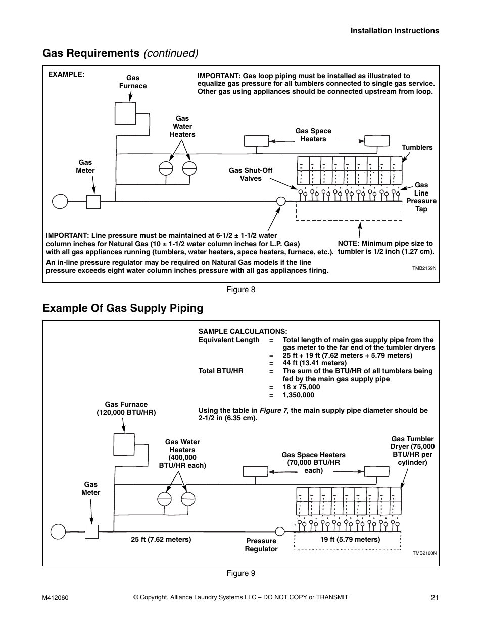 Example of gas supply piping, In figures 8 and 9 | Alliance Laundry Systems Stacked Drying Tumbler User Manual | Page 23 / 38