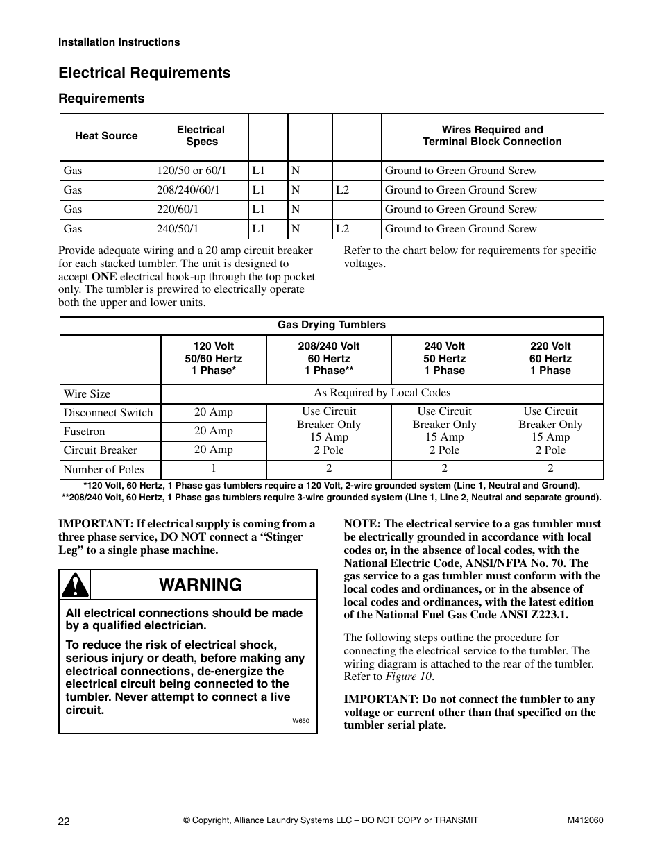 Electrical requirements, Warning | Alliance Laundry Systems Stacked Drying Tumbler User Manual | Page 24 / 38