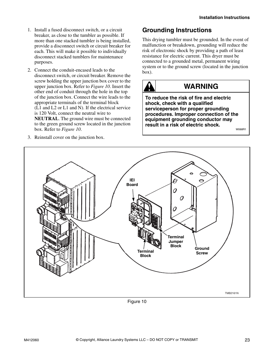 Grounding instructions, Warning | Alliance Laundry Systems Stacked Drying Tumbler User Manual | Page 25 / 38