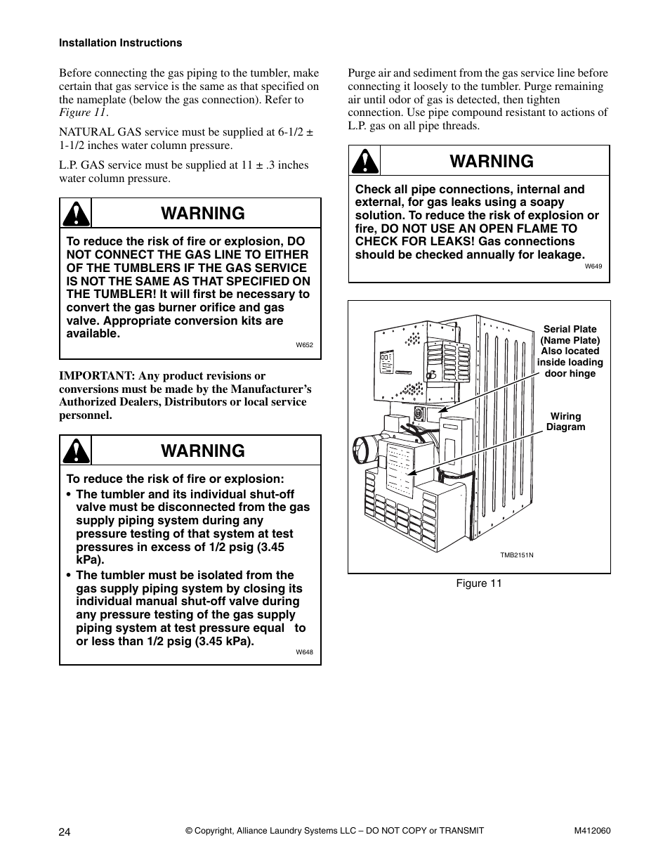 Warning | Alliance Laundry Systems Stacked Drying Tumbler User Manual | Page 26 / 38