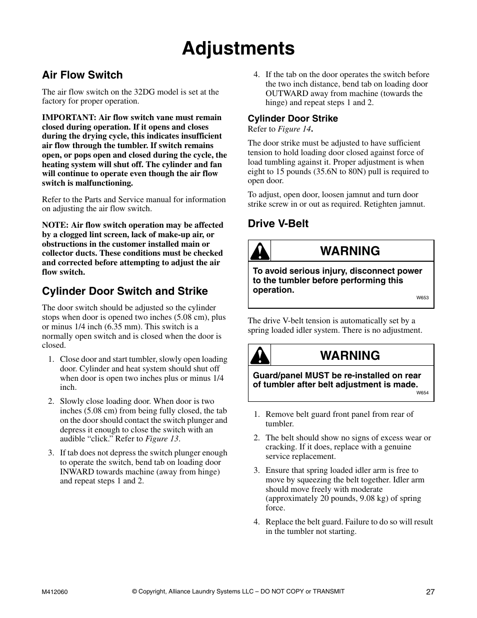 Adjustments, Air flow switch, Cylinder door switch and strike | Drive v-belt, Warning | Alliance Laundry Systems Stacked Drying Tumbler User Manual | Page 29 / 38