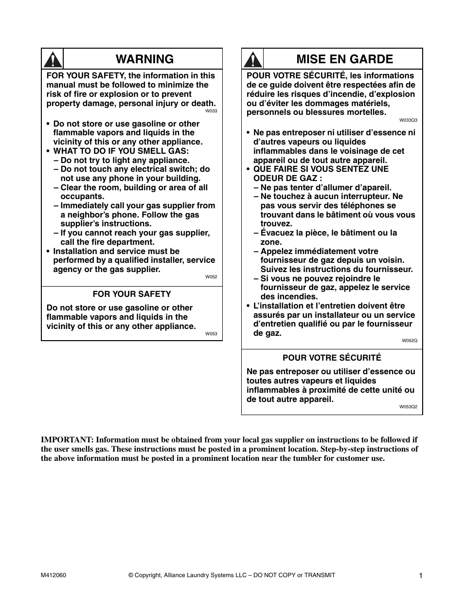 Warning, Mise en garde | Alliance Laundry Systems Stacked Drying Tumbler User Manual | Page 3 / 38